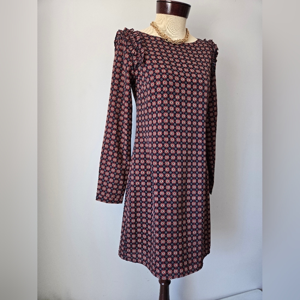Molly Bracken Lightweight Patterned Long Sleeve Dress. Ruffled Shoulders. Small - Picture 2 of 14